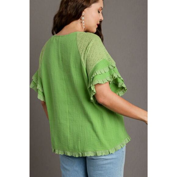 Umgee Cotton Gauze Round Neck Ruffle Eyelet Layered Sleeves Flowy Blouse | Lime - Picture 6 of 6